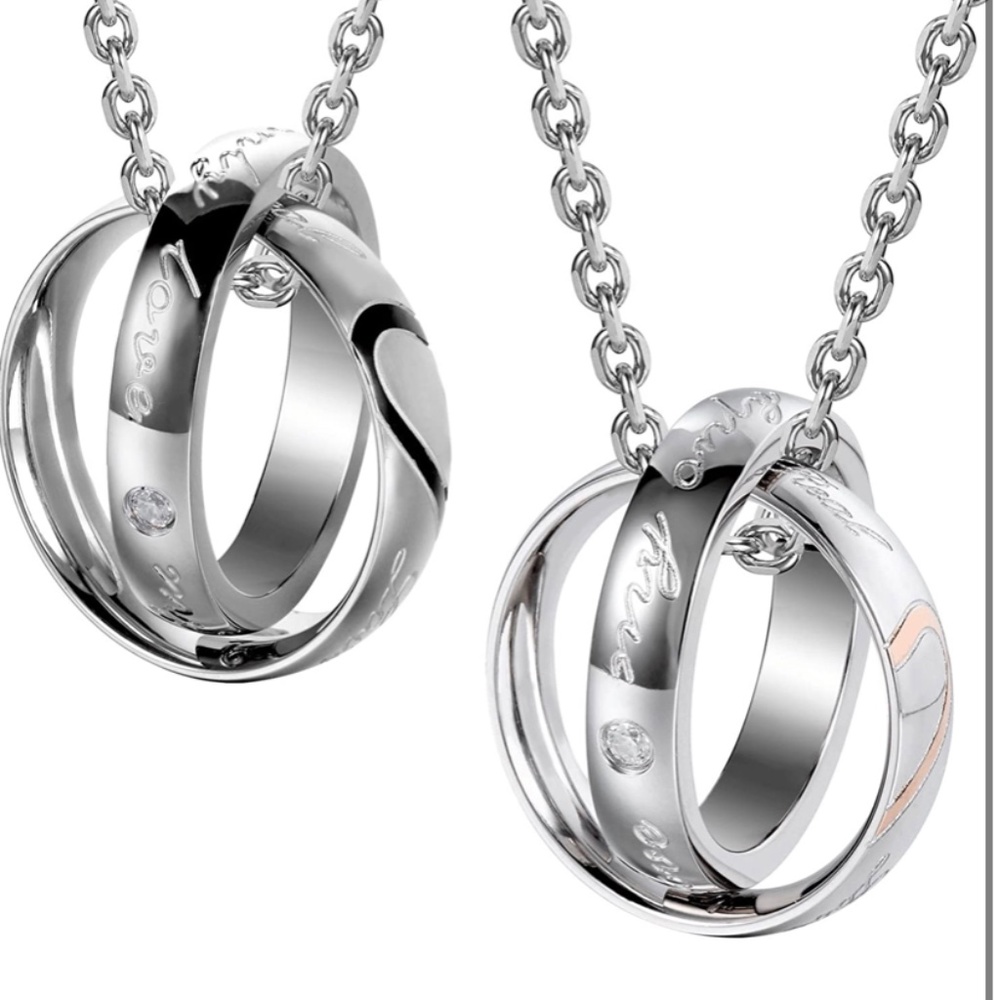 His & Hers Couples Engraved Double Ring Pendant Necklace